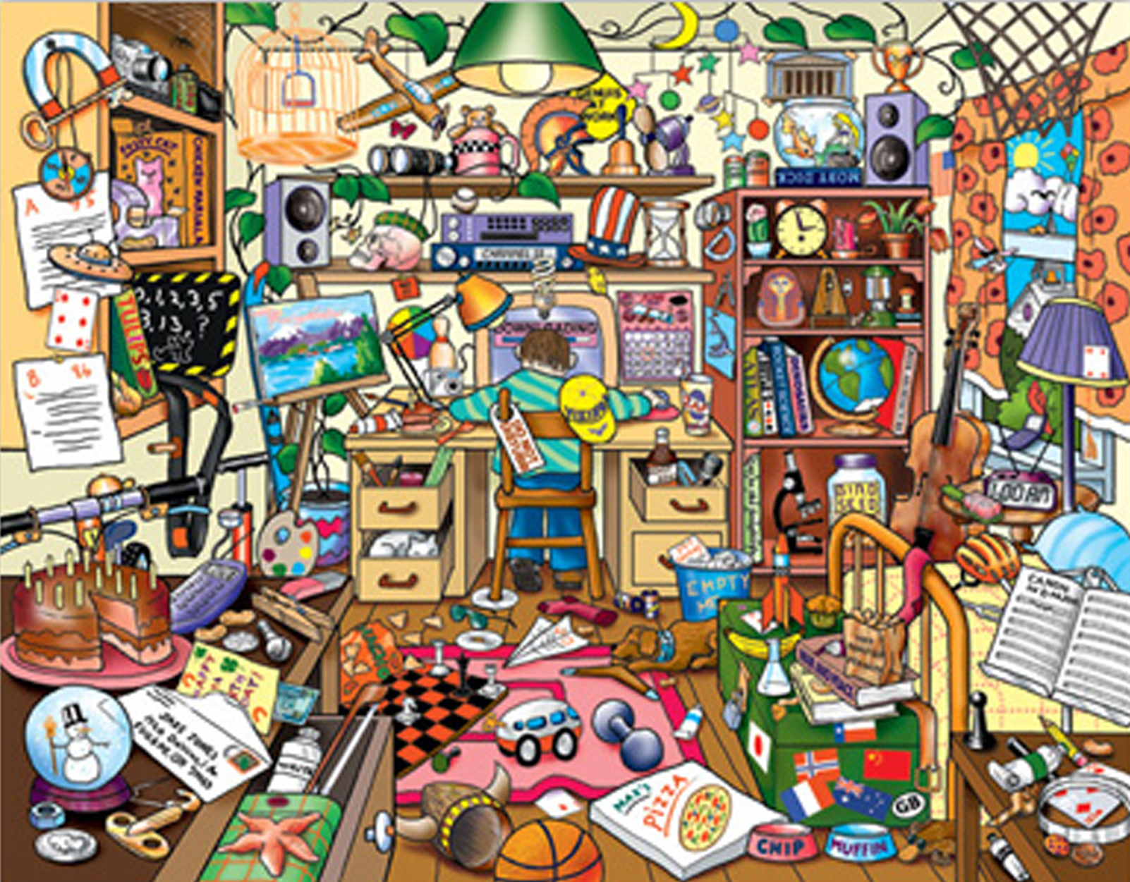 A jumble of objects in a very messy room