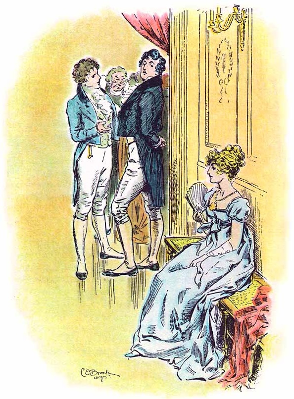 Multiple men standing near Elizabeth in Pride and Prejudice