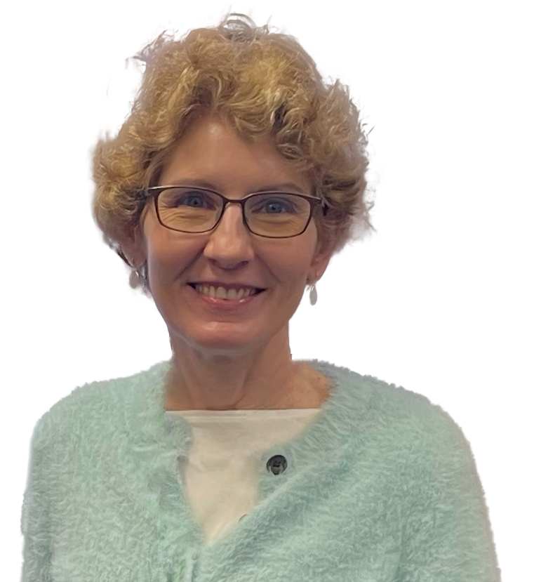 Diana Weinhold smiling, wearing glasses and a pale mint cardigan.